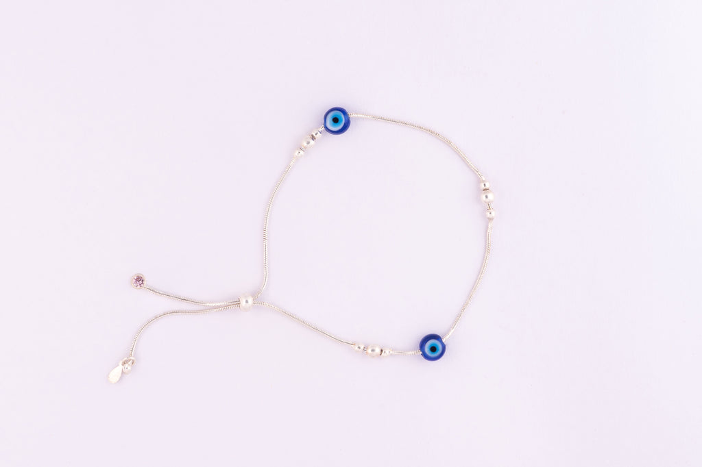 Evil Eye Adjustable Silver Anklet